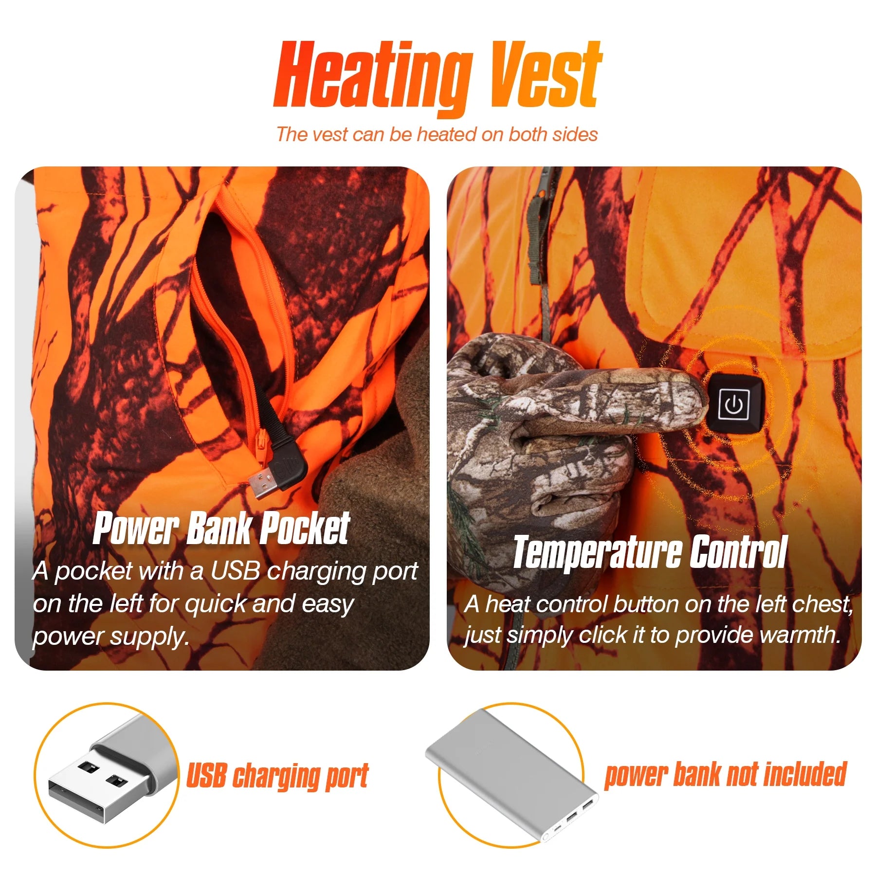 GUGULUZA Hunting Heated Vest, Camo Orange Reversible Vest, Game Vest Jacket for Hunting, Lightweight Heating Vest (4XL)