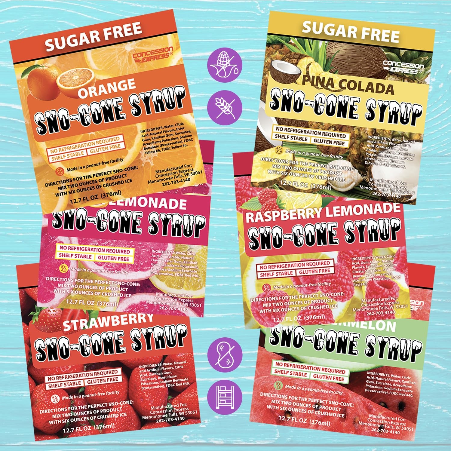 Concession Express Sugar Free Snow Cone Syrup Variety Pack, 12.7 Oz Bottles (12 Pack) – Blue Raspberry, Cherry, Cherry Lime, Fruit Punch, Grape, Lemon Lime, Orange, Pina Colada, Pink Lemonade, Raspberry Lemonade, Strawberry, and Watermelon