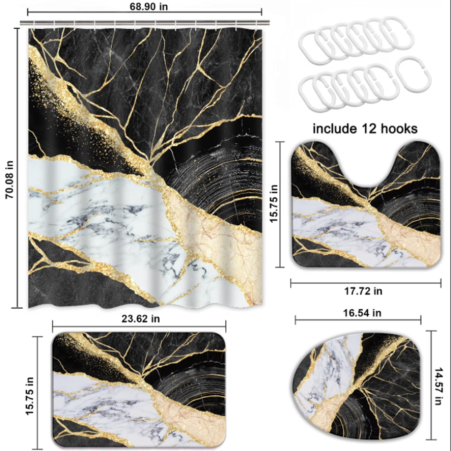 FRAMICS Black Gold Marble Shower Curtain Sets with Rugs, 16 Pc Modern Abstract Bathroom Sets, Waterproof Fabric Bathroom Curtain Decor with Hooks