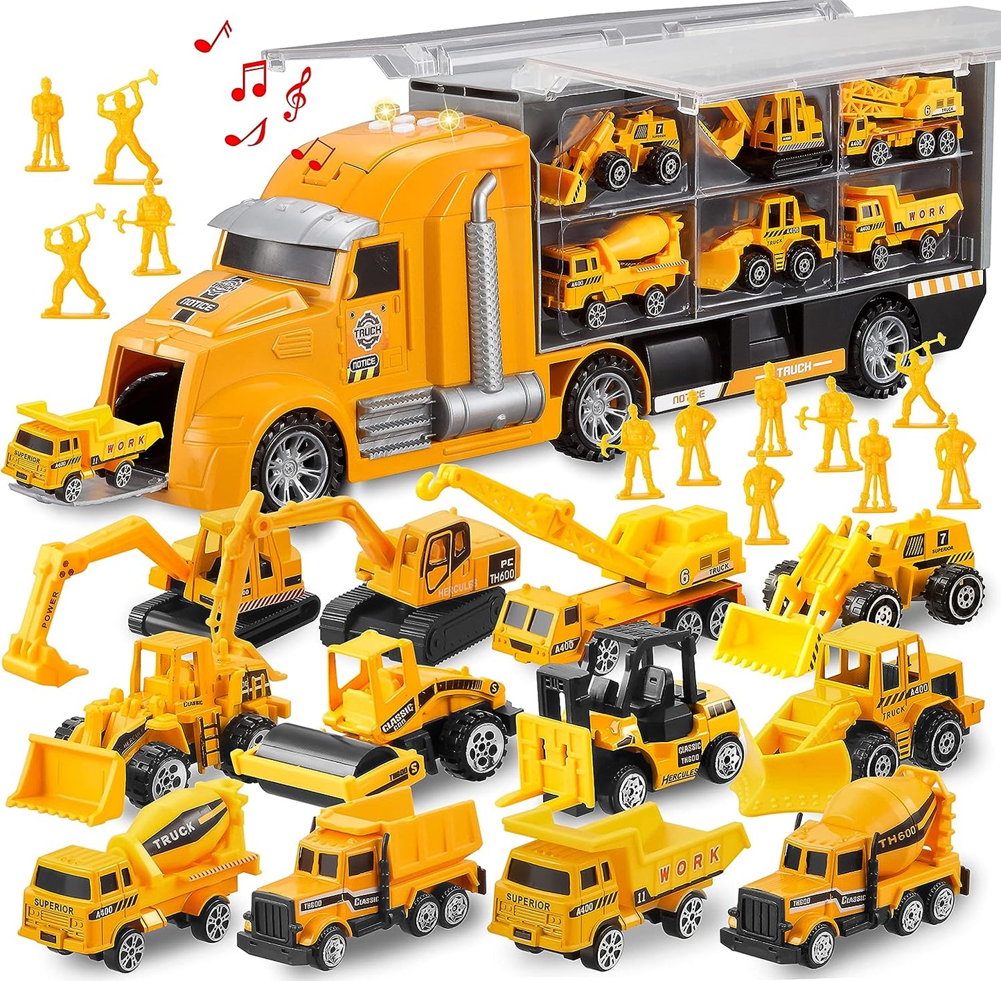 JOYIN Extra Large 33-Inch Ladder Fire Truck Toy and 25 in 1 Construction Truck Vehicle Toy Set, Play Vehicles Set with Sounds and Lights in Carrier Truck, Push and Go Vehicle Car Toy