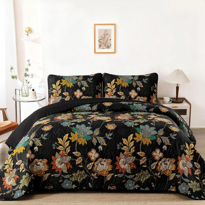 WONGS BEDDING Floral Quilt Set King,3 Pieces Vintage Botanical King Bedspread,Black Floral Quilt Bedding Set with 2 Pillowcases,Soft Lightweight Microfiber Coverlet Set for All Season(104"X90")