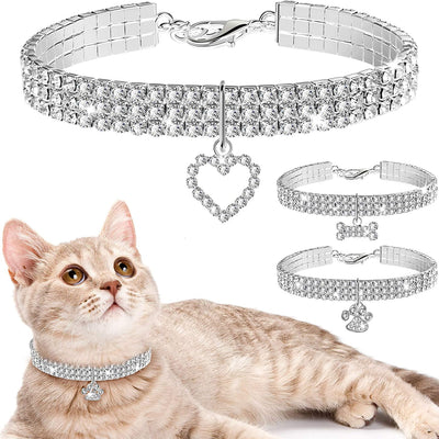 Weewooday 3 Pieces Bling Rhinestones Pet Collars Glitter Pendant Dog Collars Adjustable Crystal Cat Collar Elastic Pet Necklace for Small Pet Cat Dogs Puppy (White)