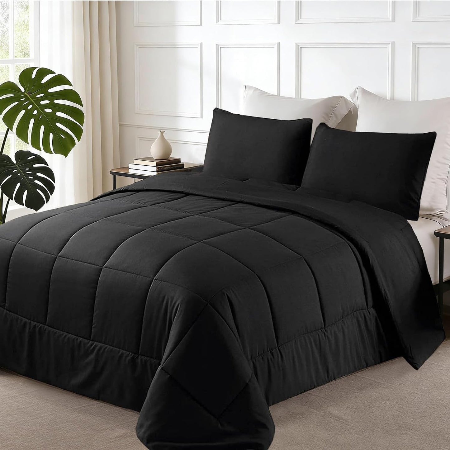 Exclusivo Mezcla Lightweight Reversible Queen Size Comforter Set, down Alternative Comforter with 2 Pillow Sham, Queen Size Bedding Set for All Seasons, Black