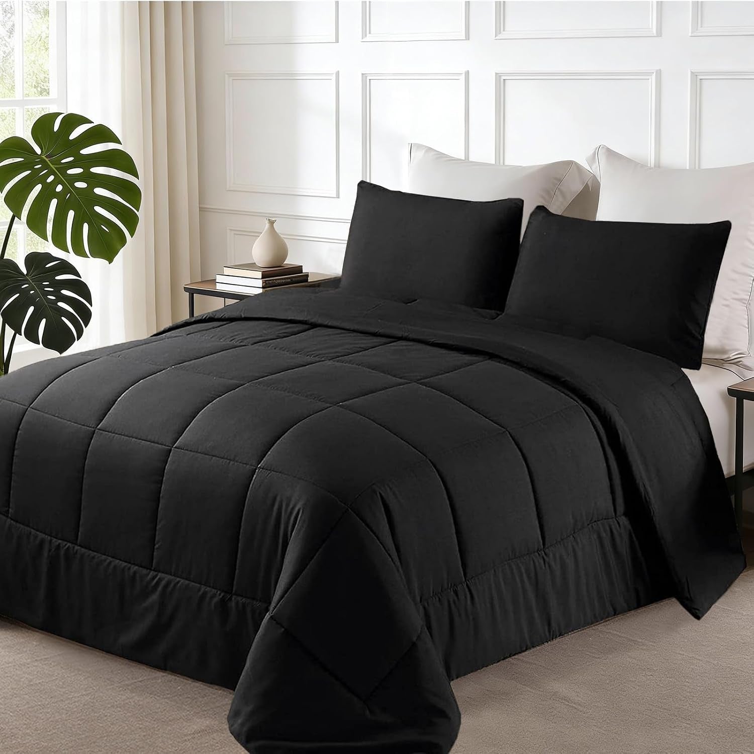 Exclusivo Mezcla Lightweight Reversible Queen Size Comforter Set, down Alternative Comforter with 2 Pillow Sham, Queen Size Bedding Set for All Seasons, Black