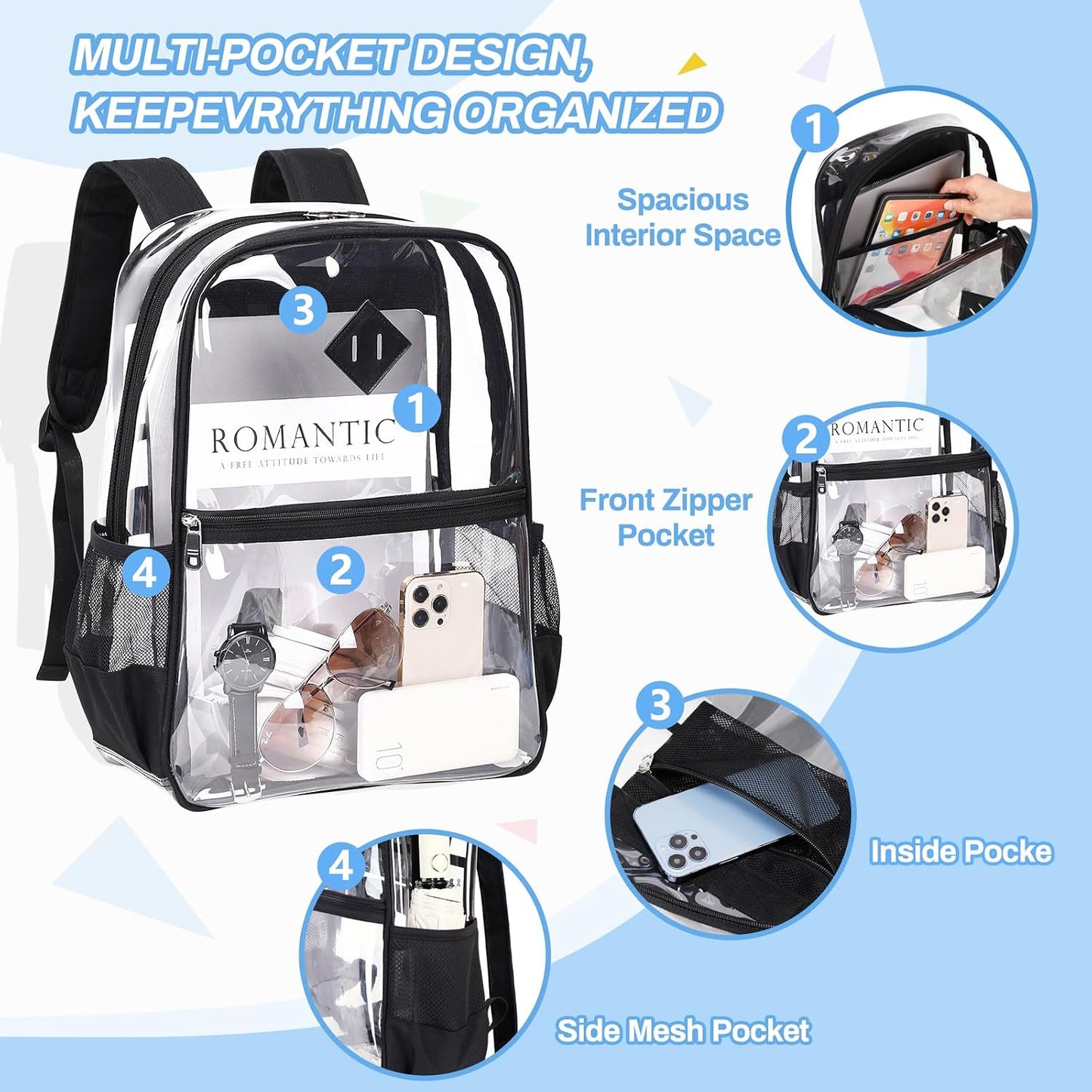 MUSEVOS Clear Backpack Stadium Approved, Heavy Duty See through Book Bag, Black Transparent