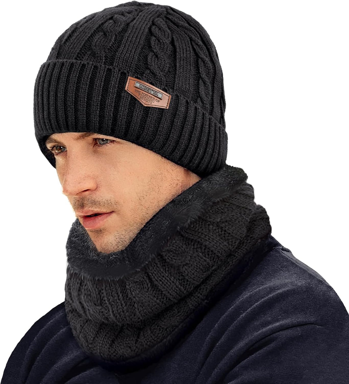 Loritta Winter Hats for Men, 3 PCS Fleece Beanie Scarf Gloves Set