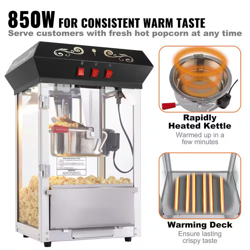 Popcorn Maker, 850 W Popcorn Popper Machine, 8 Oz. Kettle Makes 48-Cups per Batch, Countertop Popcorn Machine, Black