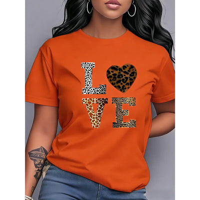 100% Pure Cotton, Available in Multiple Colors, Love Leopard Print Heart Pattern Printed Fashion Casual Short Sleeve Pullover Sweatshirt Women'S round Neck T-Shirt