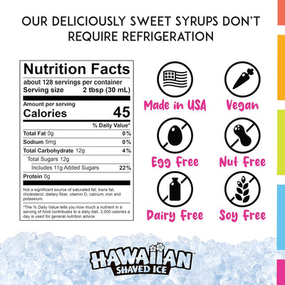 Hawaiian Shaved Ice Syrup Gallon, Tiger'S Blood Flavor, Great for Slushies, Italian Soda, Popsicles, & More, No Refrigeration Needed, Contains No Nuts, Soy, Wheat, Dairy, Starch, Flour, or Egg Products