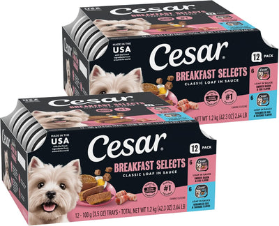 Cesar Classic Loaf in Sauce Wet Dog Food Breakfast Lovers, Smoked Bacon & Egg Flavor, and Scrambled Egg & Sausage Flavor, 3.5 Oz. Easy Peel Trays, Wet Dog Food Variety Pack (12 Count, Pack of 2)