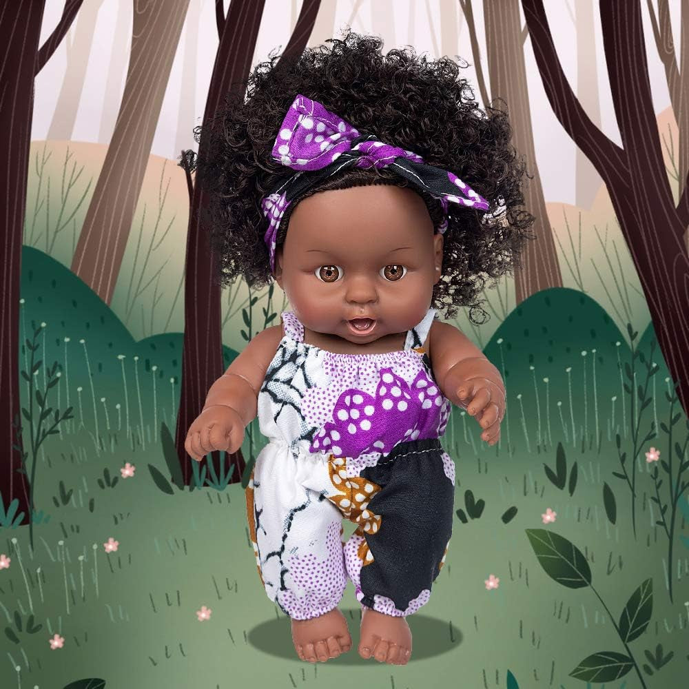Ecore Fun 2 Pcs 8 Inch Black Baby Doll with Clothes and Accessories | African Washable Realistic Silicone Baby Dolls with Clothes and Hairband Pretend Play Age 3+