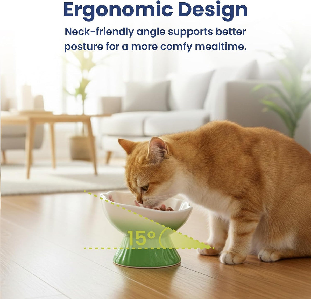 Pawspik Strawberry Blooms Elevated Ceramic Cat Bowl, Green
