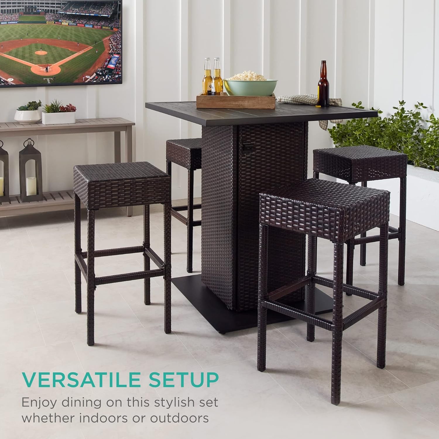 Best Choice Products 5-Piece Outdoor Wicker Bar Table Set for Patio, Poolside, Backyard W/Built-In Bottle Opener, Hidden Storage Shelf, Metal Tabletop, 4 Stools - Brown