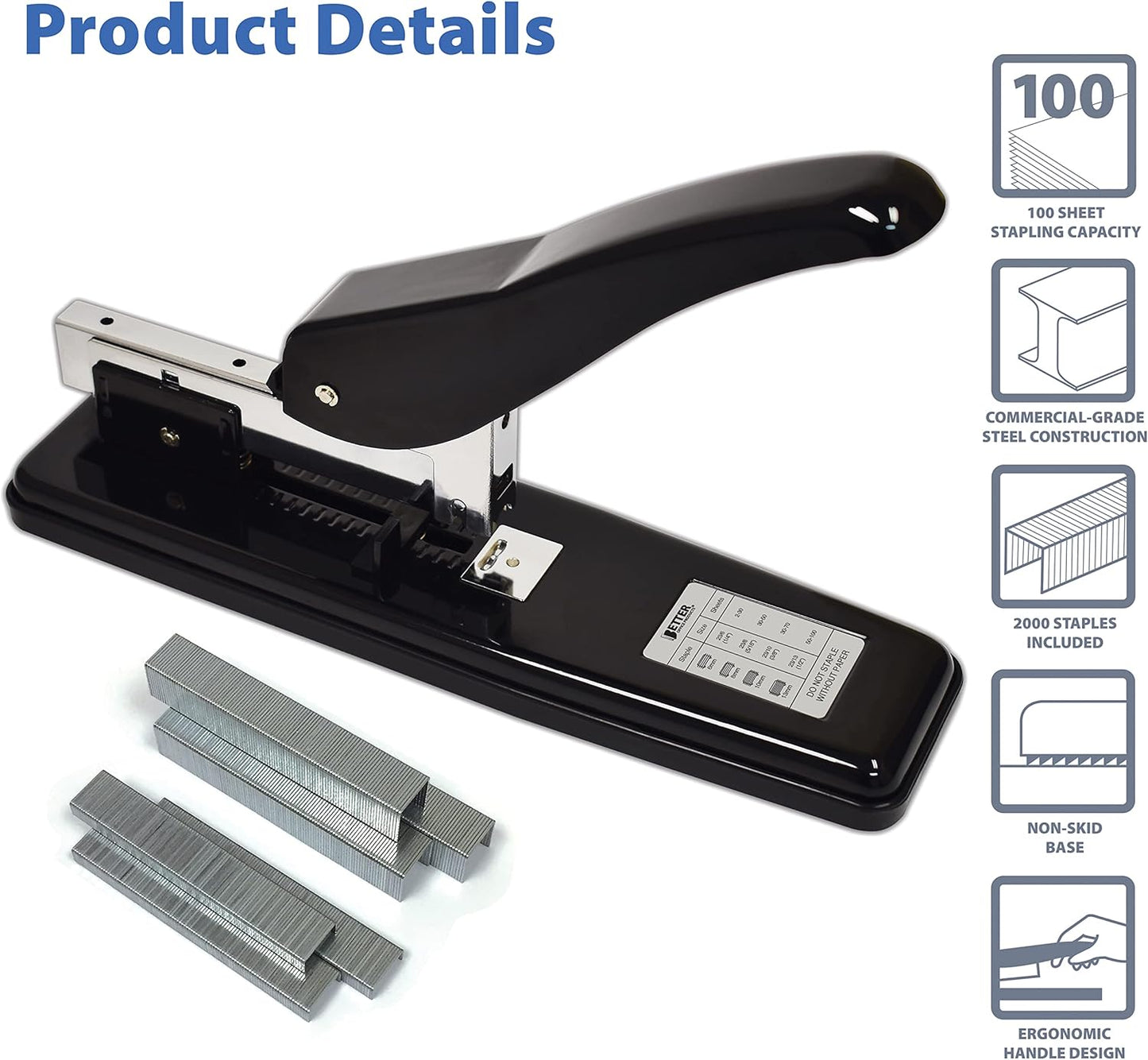 Better Office Products Heavy Duty Commercial Stapler with 2,000 Staples, Black Polished Steel, 100 Sheet High Capacity, Rounded Ergonomic Lever & Weighted Stability Base, Jam Free Large Stapler,