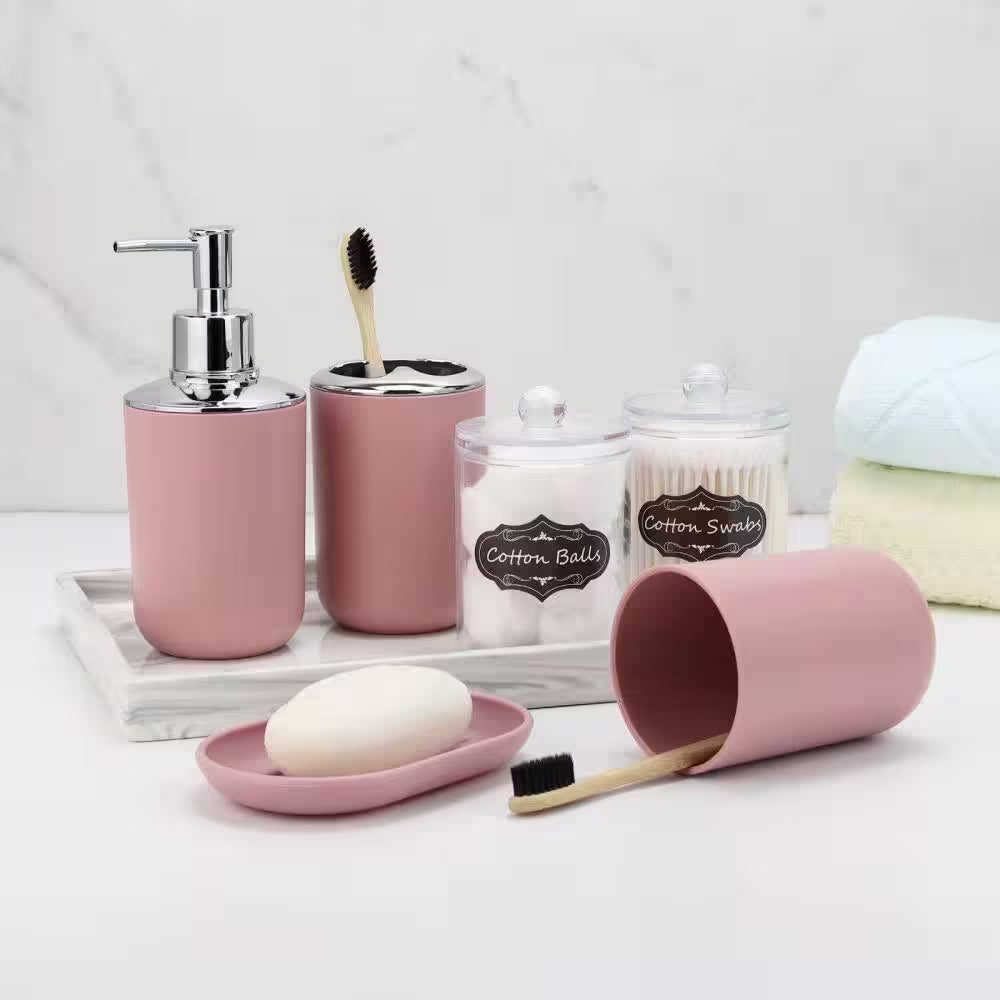 8-Piece Bathroom Accessory Set with Trash Can,Soap Dish,Toothbrush Holder,Cup,Toilet Brush Holder in Pink with Labels