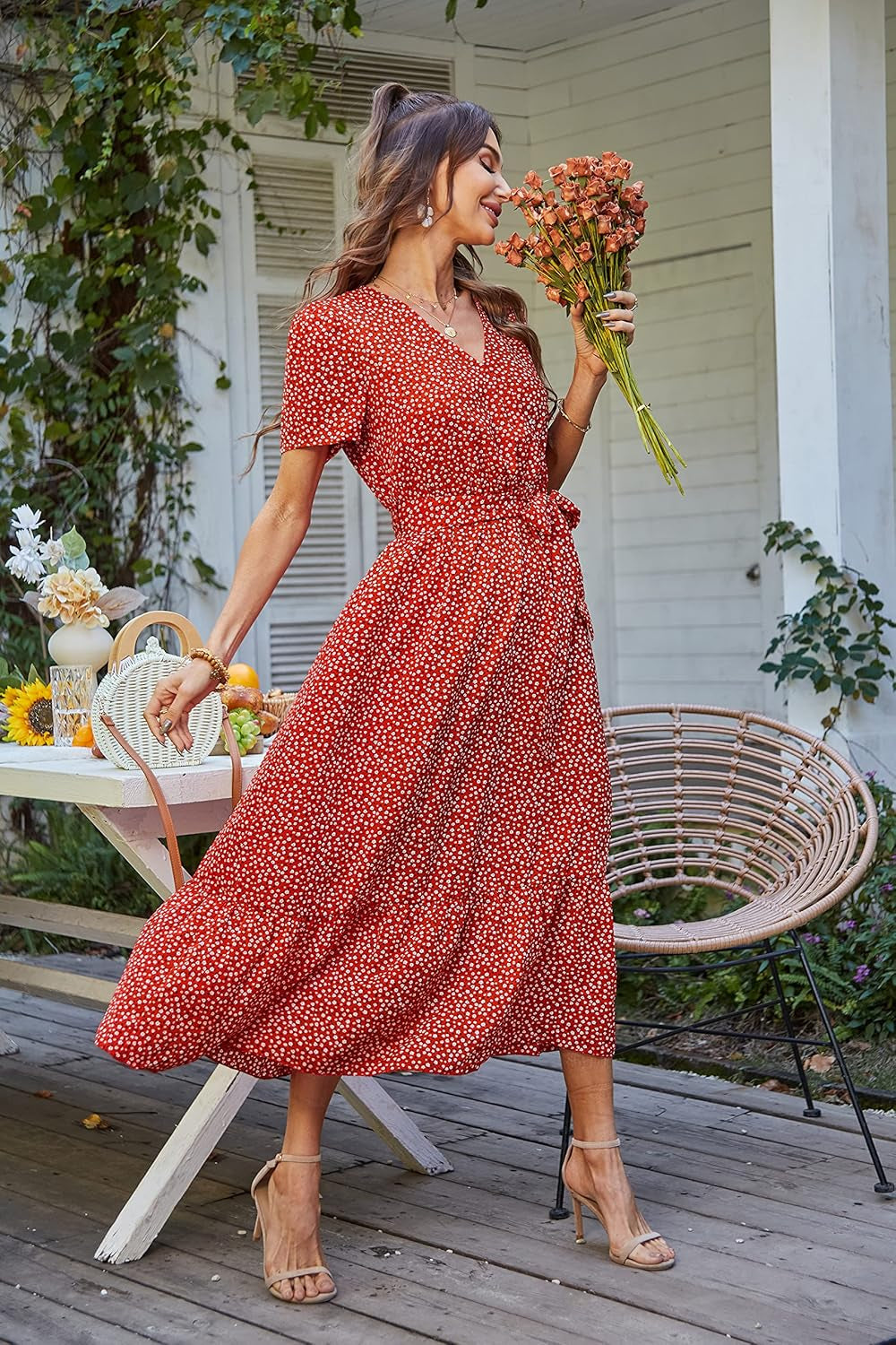 PRETTYGARDEN Women'S Summer Floral Boho Maxi Dress Short Sleeve Wrap V Neck Ruffle Long Flowy Beach Wedding Guest Dresses
