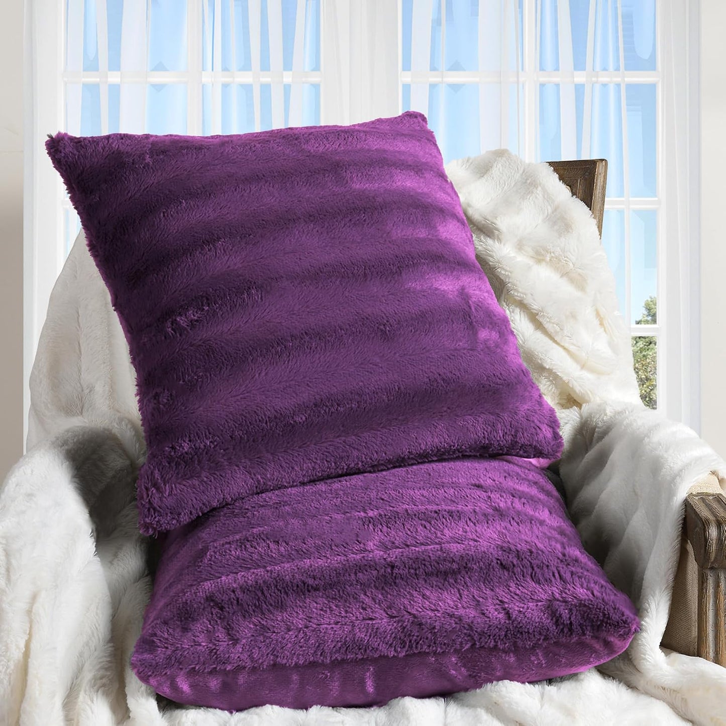 Cheer Collection Faux Fur Throw Pillows - Decorative Pillows for Couch, Bed Throw Pillows, Purple Accent Pillows for Bedroom or Living Room Aesthetic, Set of 2 Furry Throw Pillows, 18”X18”