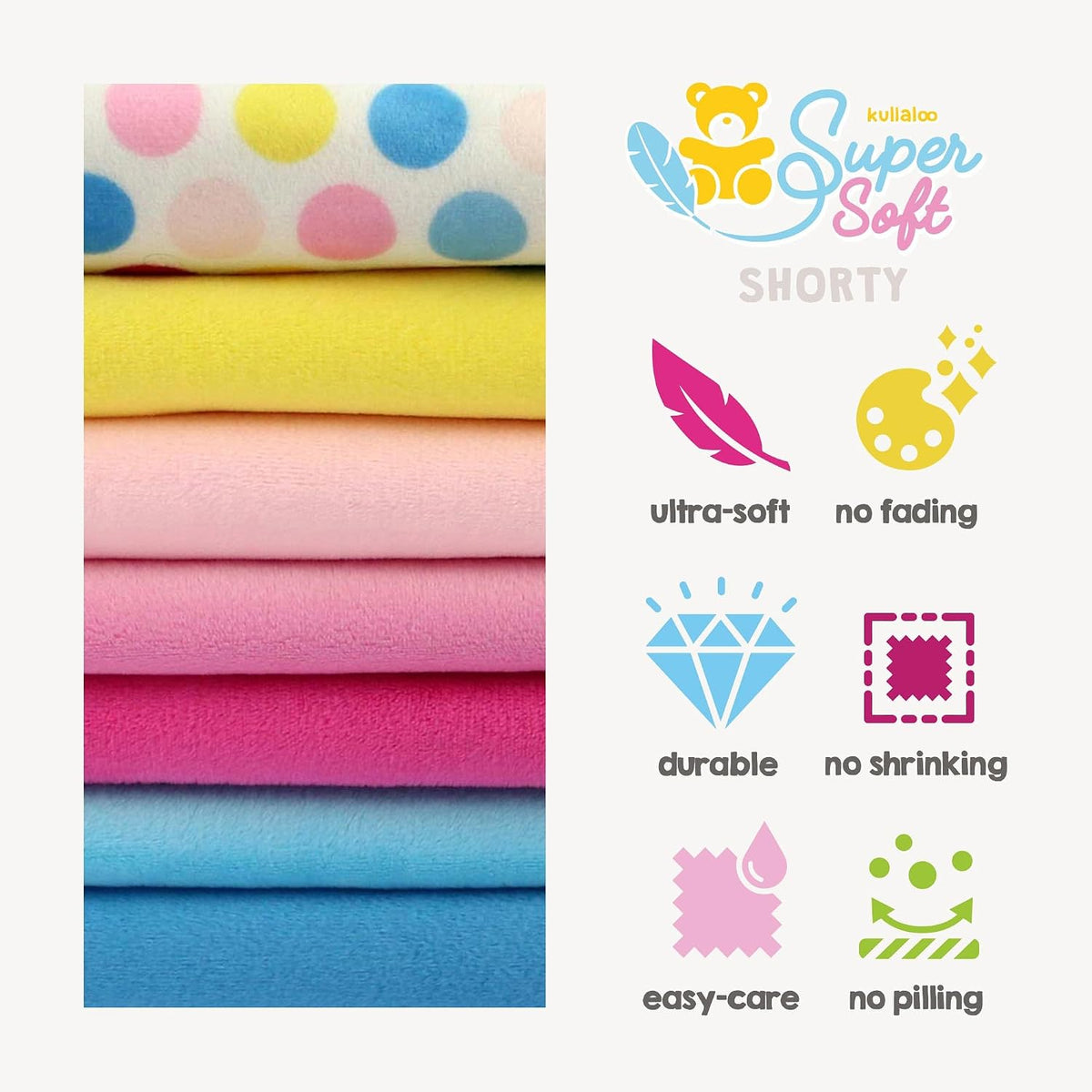 Kullaloo Plush Fabric | Precut Fabric Bundle: 5 Pieces Solid Minky Fabric for Sewing | 19.5X29.5 Each | for Plushies, Baby Blankets, Pillows, Dog Beds, Apparel | Pastel Colors Minky Fabric Pack