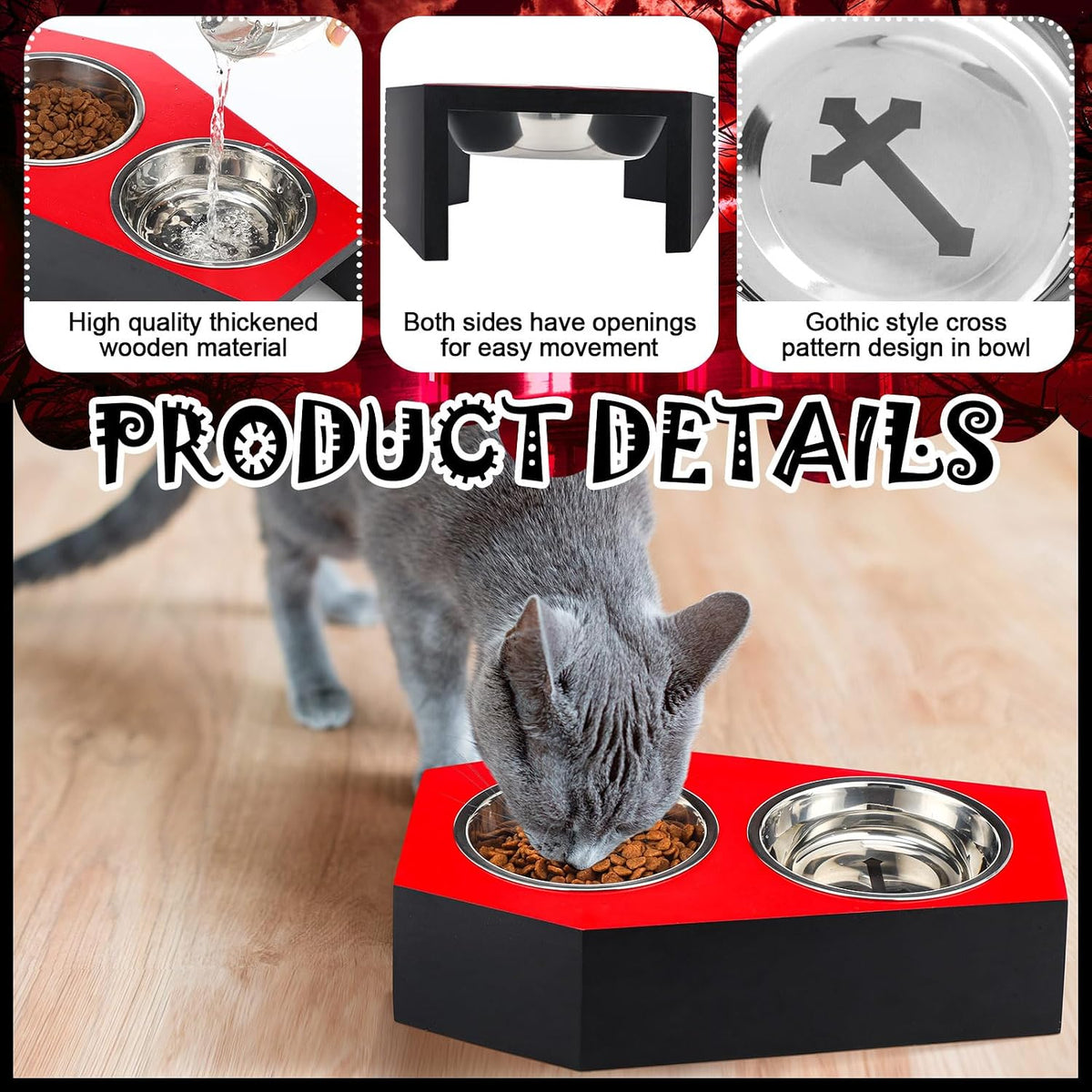 Teenyyou Gothic Cat Food Bowl 5 Degree Tilted Halloween Coffin Cat Bowl