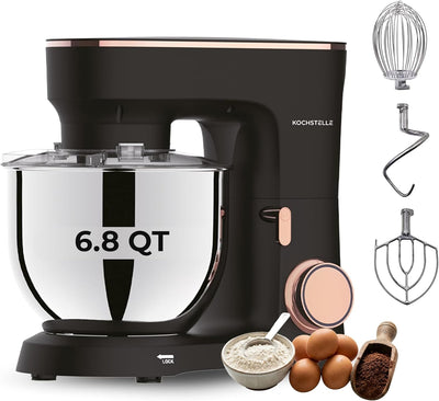 KOCHSTELLE Black Electric Stand Mixer 6.8 Quart Qt, 660W, 6-Speed Adjustable, Stainless Steel Planetary, Portable, Compact & Elegant Kitchen Mixer for Baking & Cooking