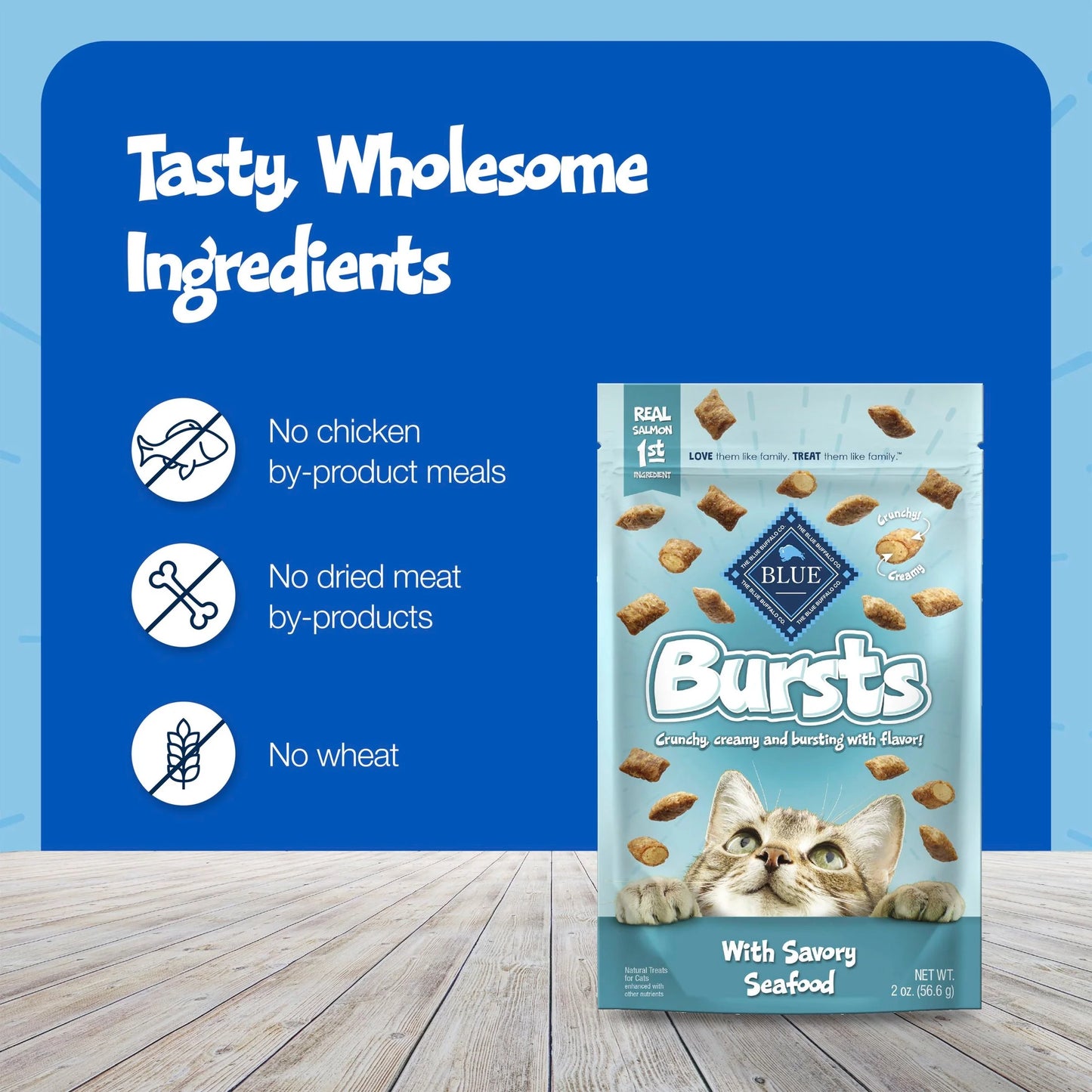 Blue Buffalo Bursts Crunchy & Creamy Cat Treats, Great for Training, Savory Seafood, 12-Oz Tub