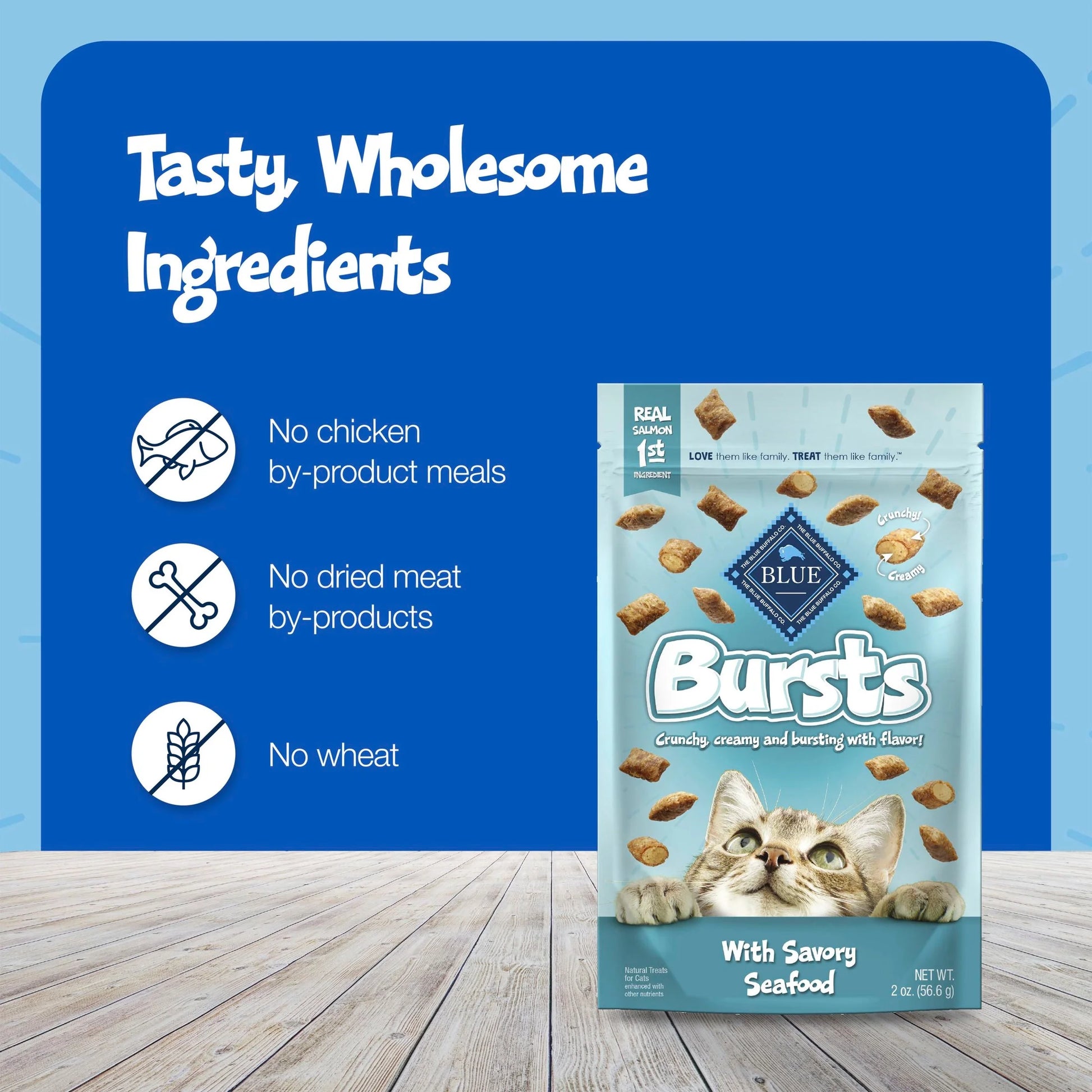 Blue Buffalo Bursts Crunchy & Creamy Cat Treats, Great for Training, Savory Seafood, 12-Oz Tub