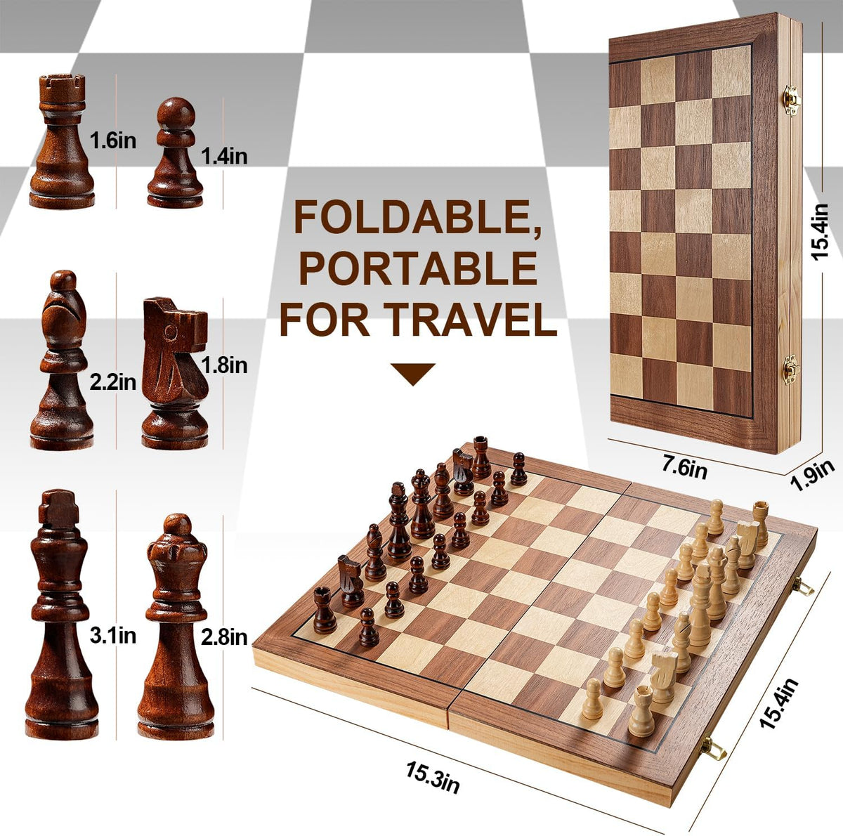 Vahome Magnetic Chess Set for Adults & Kids, 15" Wooden Folding Chess Boards, Handcrafted Portable Travel Chess Game with Pieces Storage Slots, 2 Extra Queens
