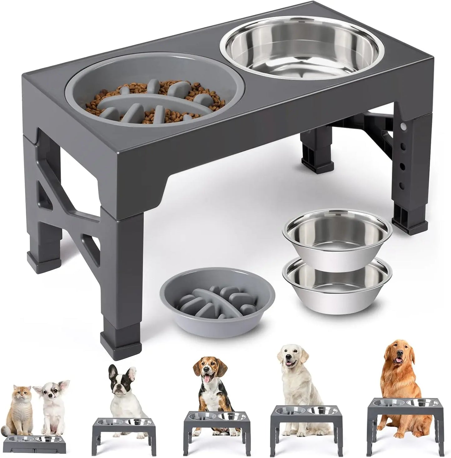 Niubya Elevated Dog Bowls, 5 Adjustable Heights Raised Dog Bowl Stand, with 2 Stainless Steel Dog Food Bowls and 1 Slow Feeder Dog Bowl, Adjusts to Height 3.2" to 12.2" for Small Medium Large Dogs NIUHEE