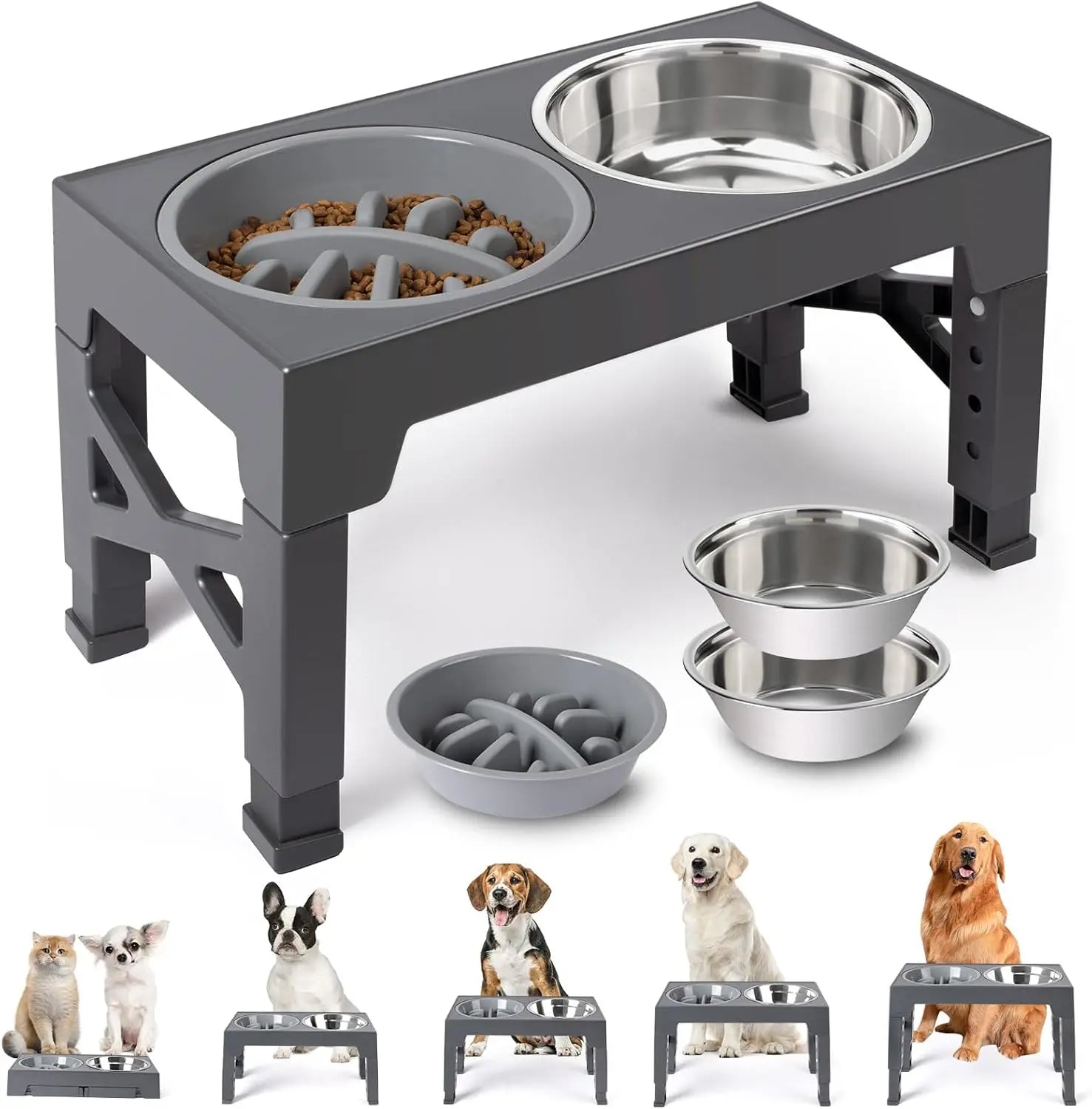 Niubya Elevated Dog Bowls, 5 Adjustable Heights Raised Dog Bowl Stand, with 2 Stainless Steel Dog Food Bowls and 1 Slow Feeder Dog Bowl, Adjusts to Height 3.2" to 12.2" for Small Medium Large Dogs NIUHEE