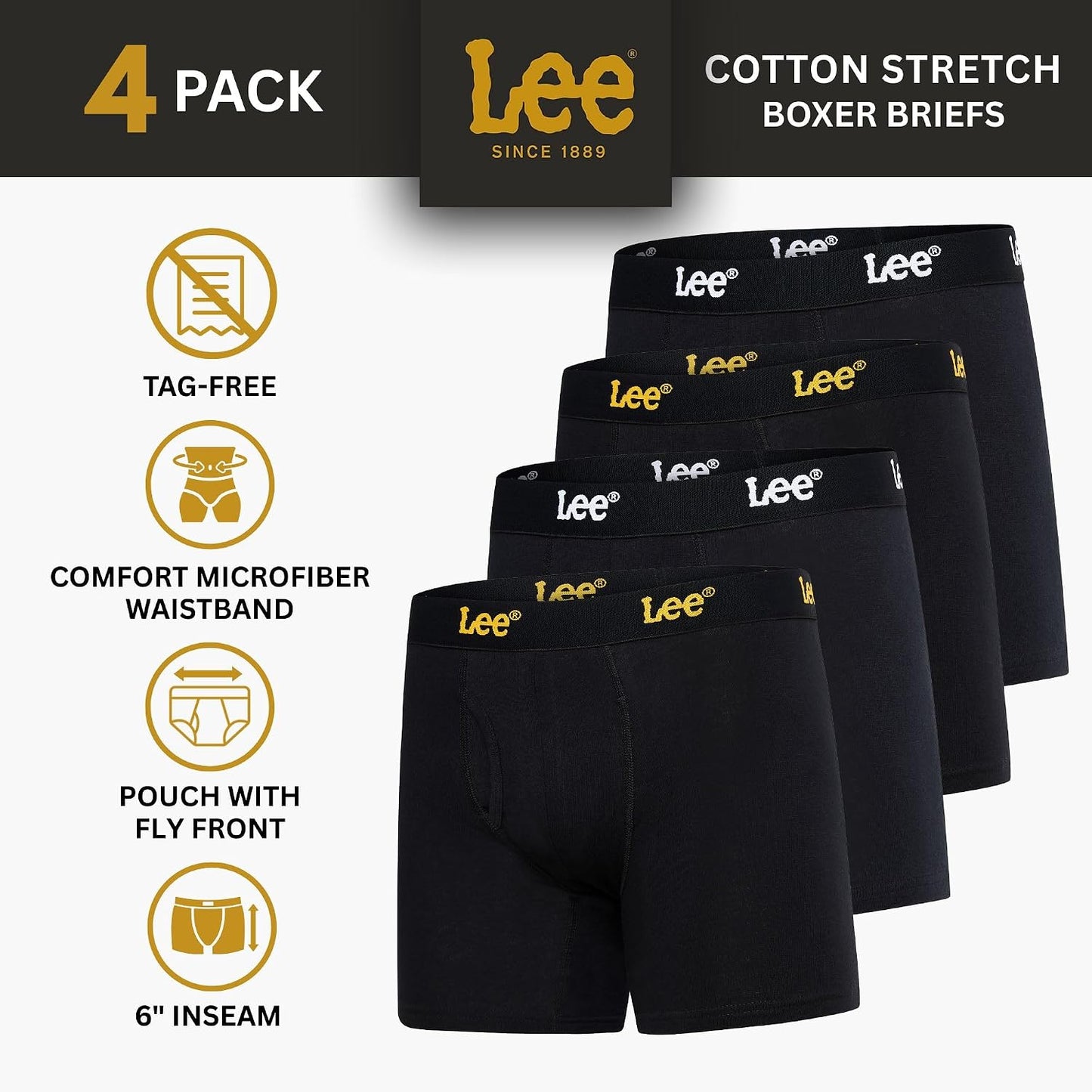 Lee Mens Underwear 4 Pack Boxers for Men Cotton Stretch Boxer Briefs
