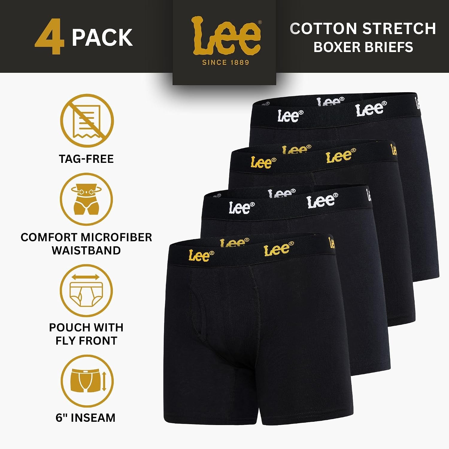Lee Mens Underwear 4 Pack Boxers for Men Cotton Stretch Boxer Briefs