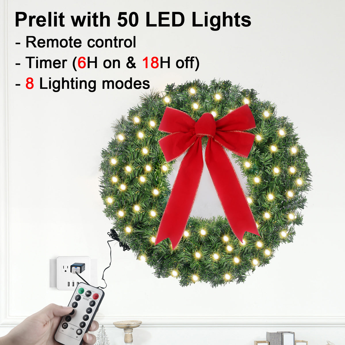 24Inch Christmas Wreath Prelit Warm White USB Lights with Hanger and Remote for Outdoor Indoor Decorations