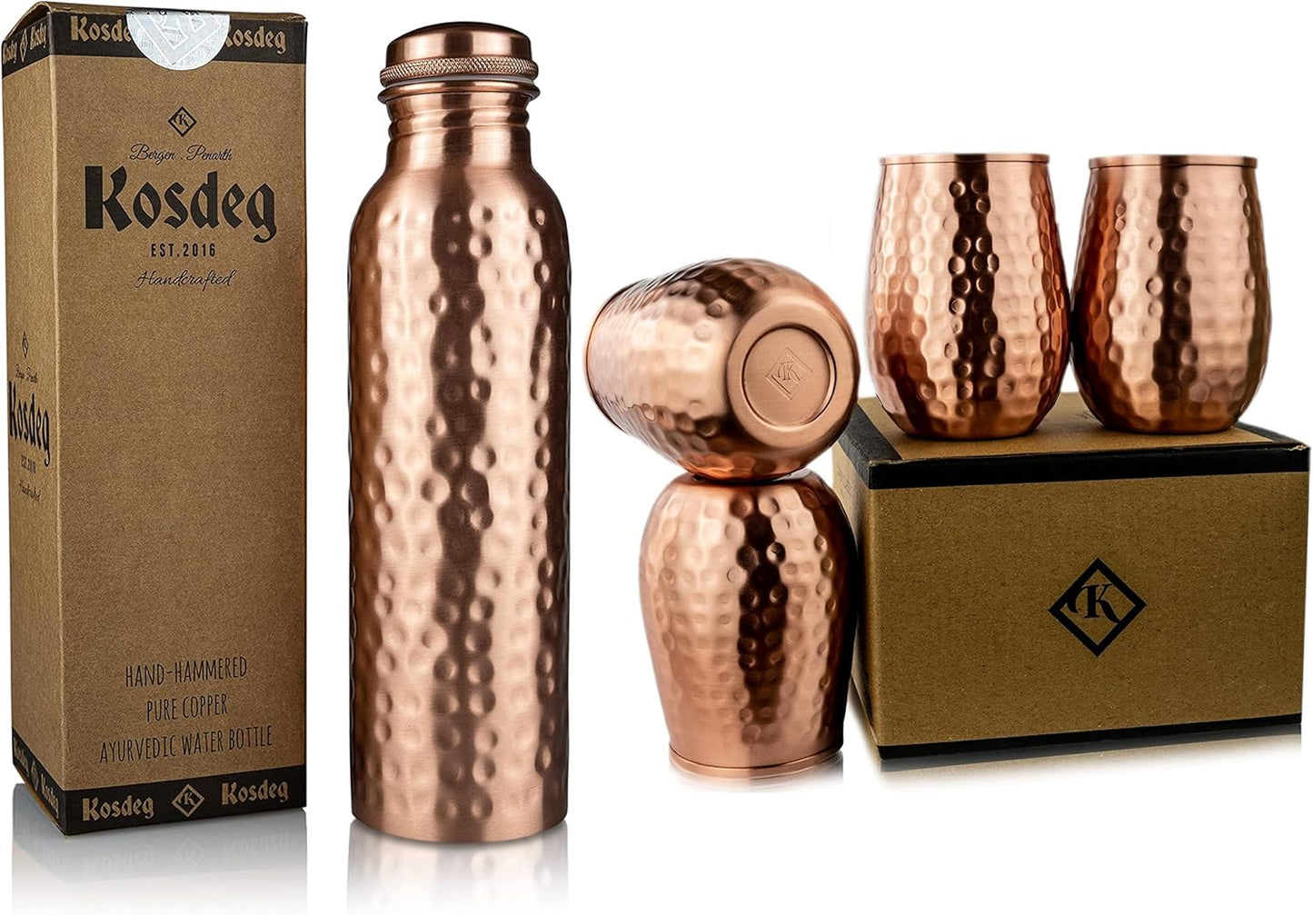 Kosdeg Copper Water Bottle - 34 Oz and Cup 12 Oz - a Hammered Ayurvedic Pure Copper Vessels for Drinking - Drink More Water, Lower Your Sugar Intake and Enjoy the Health Benefits Immediately