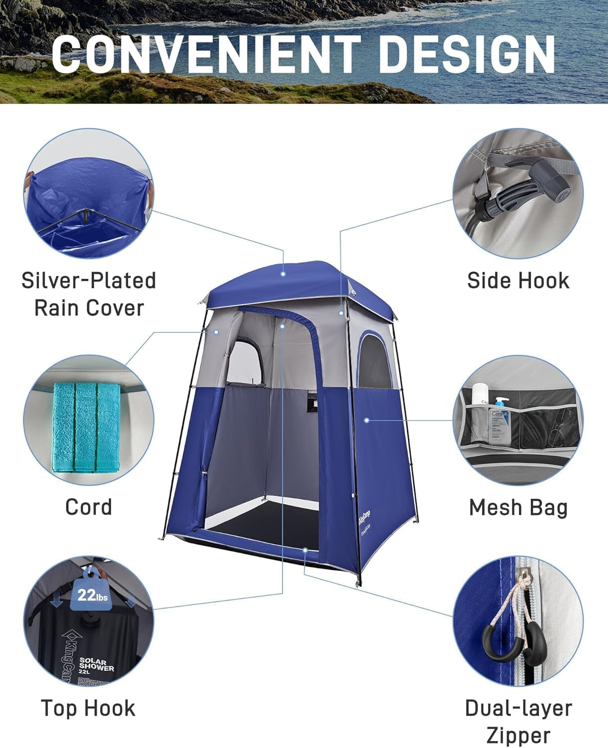 Kingcamp Shower Tent, Portable Privacy Tent Outdoor Camping 1/2 Room Toilet Tents with Shower Bag & Dressing Room for Beach, Camping & Hiking