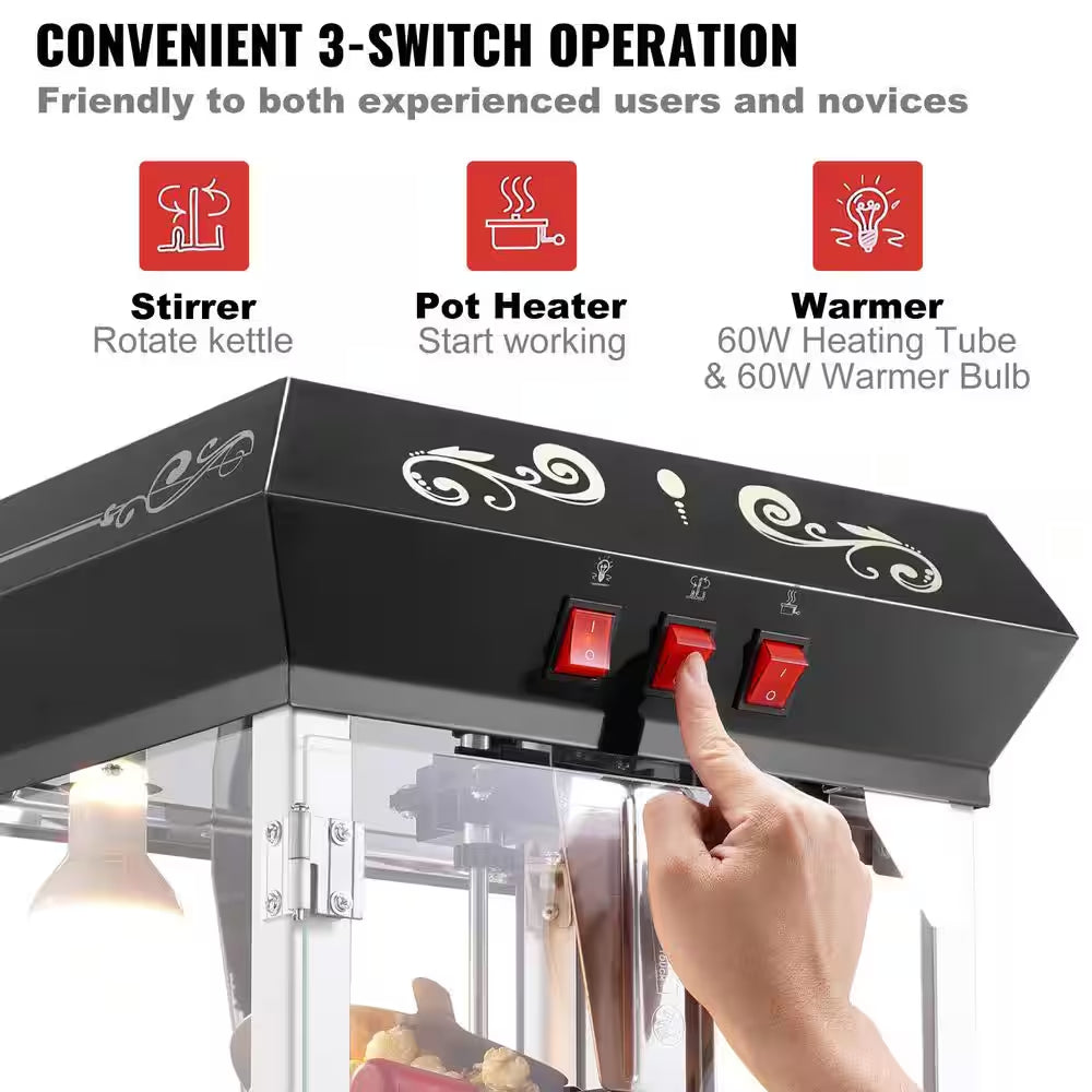 Popcorn Maker, 850 W Popcorn Popper Machine, 8 Oz. Kettle Makes 48-Cups per Batch, Countertop Popcorn Machine, Black