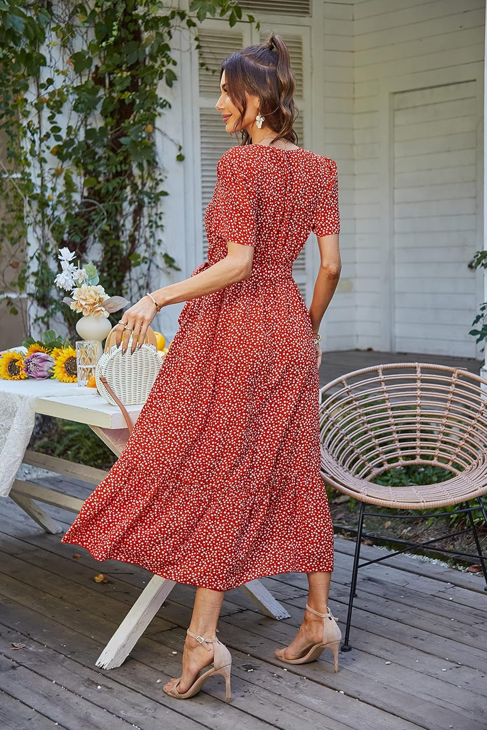 PRETTYGARDEN Women'S Summer Floral Boho Maxi Dress Short Sleeve Wrap V Neck Ruffle Long Flowy Beach Wedding Guest Dresses