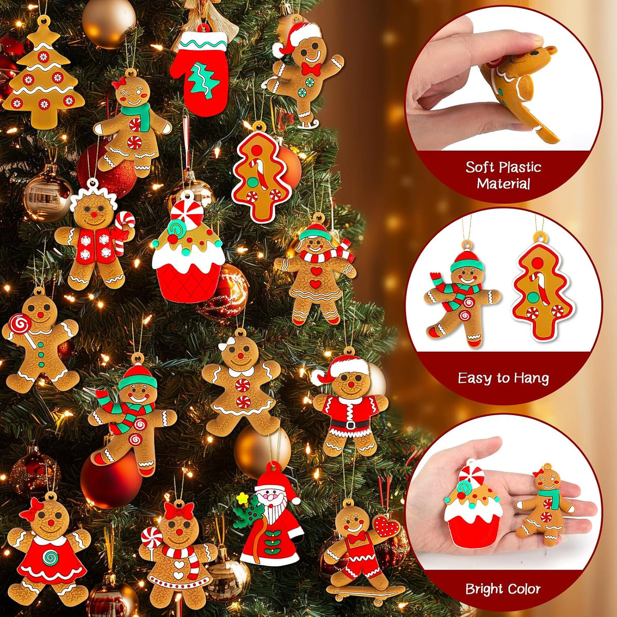 16Pcs Gingerbread Man Ornaments for Christmas Tree, Cute Gingerbread Chritmas Decorations for Xmas Tree Hanging Decor DIY Craft Party Supplies