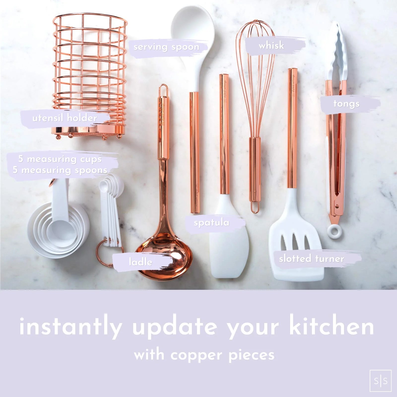 Styled Settings White Silicone & Copper Kitchen Utensils Set with Holder