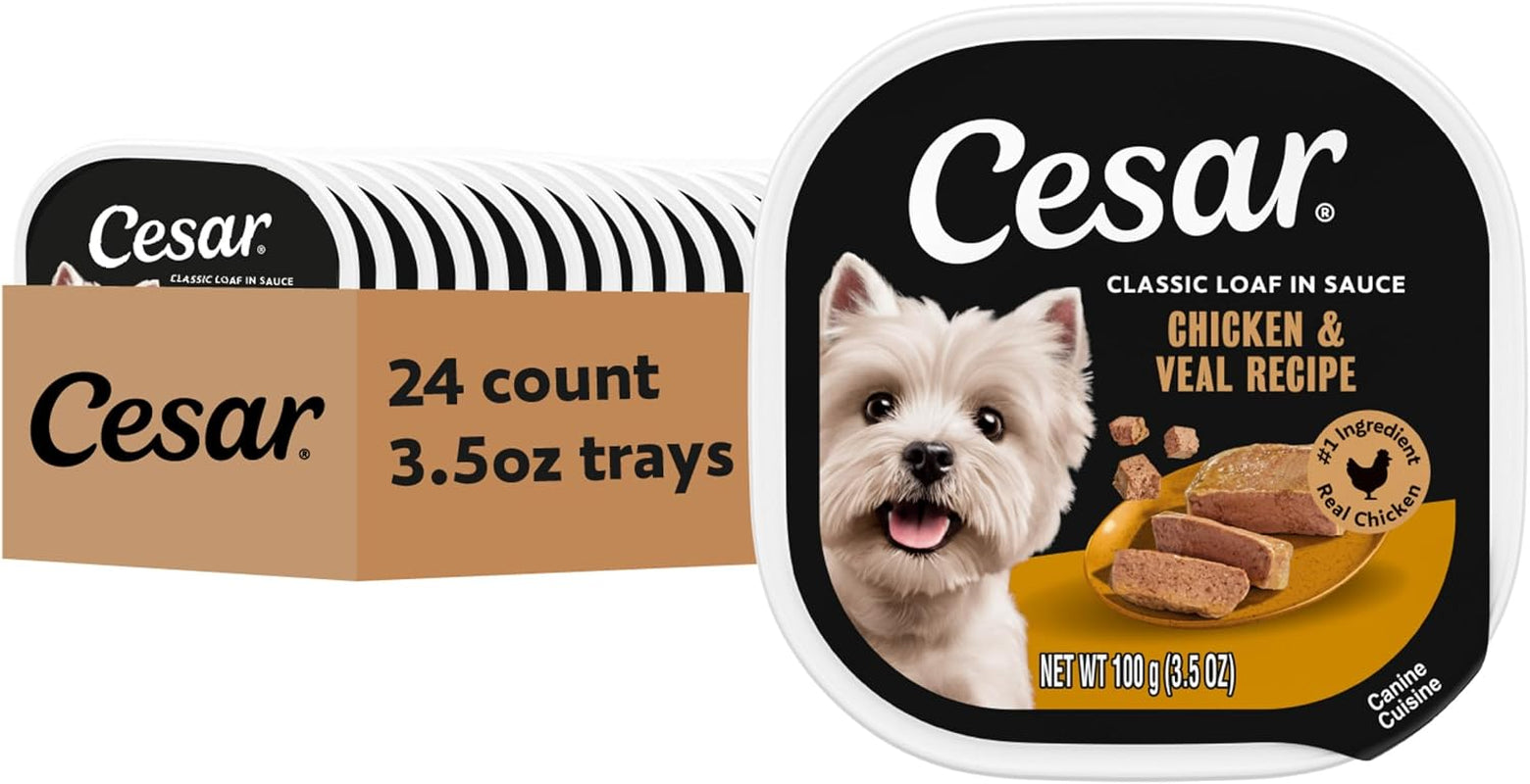 Cesar Classic Loaf in Sauce Adult Wet Dog Food Chicken and Veal Recipe, 3.5 Oz. Easy Peel Trays, 24 Count (Pack of 1)