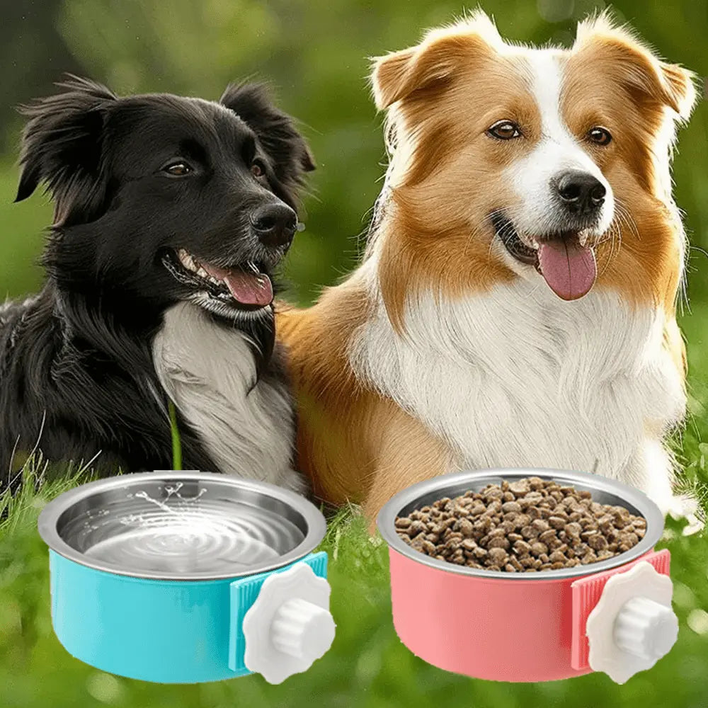 2 Pieces Removable Stainless Steel Crate Dog Bowl for Pet Kennel Hanging Food Water Feeder Bowl Cage Coop Cup in Blue & Pink for Puppy Medium Dog Cat Rabbit Ferret Bird