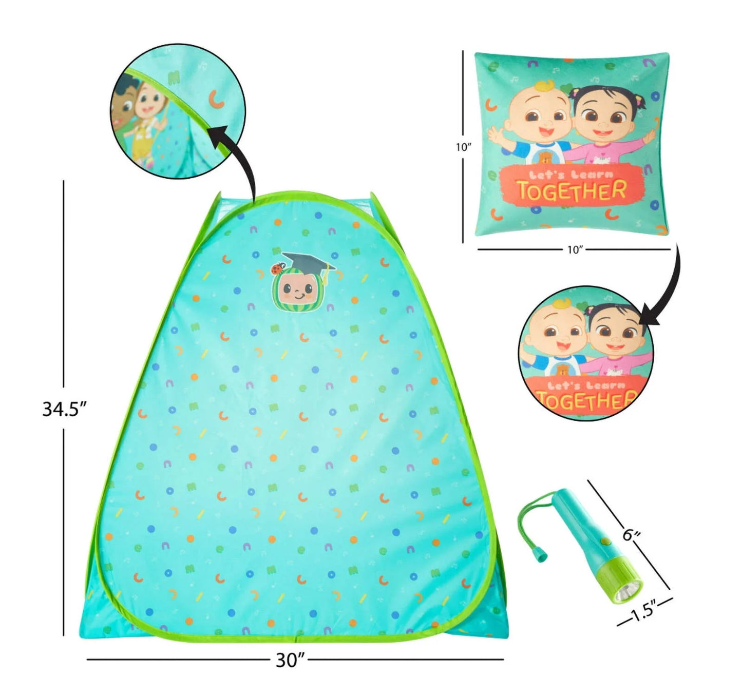 Cocomelon 3Pc Tent Set with Pillow and Flashlight, Aqua, Unisex, Toddler
