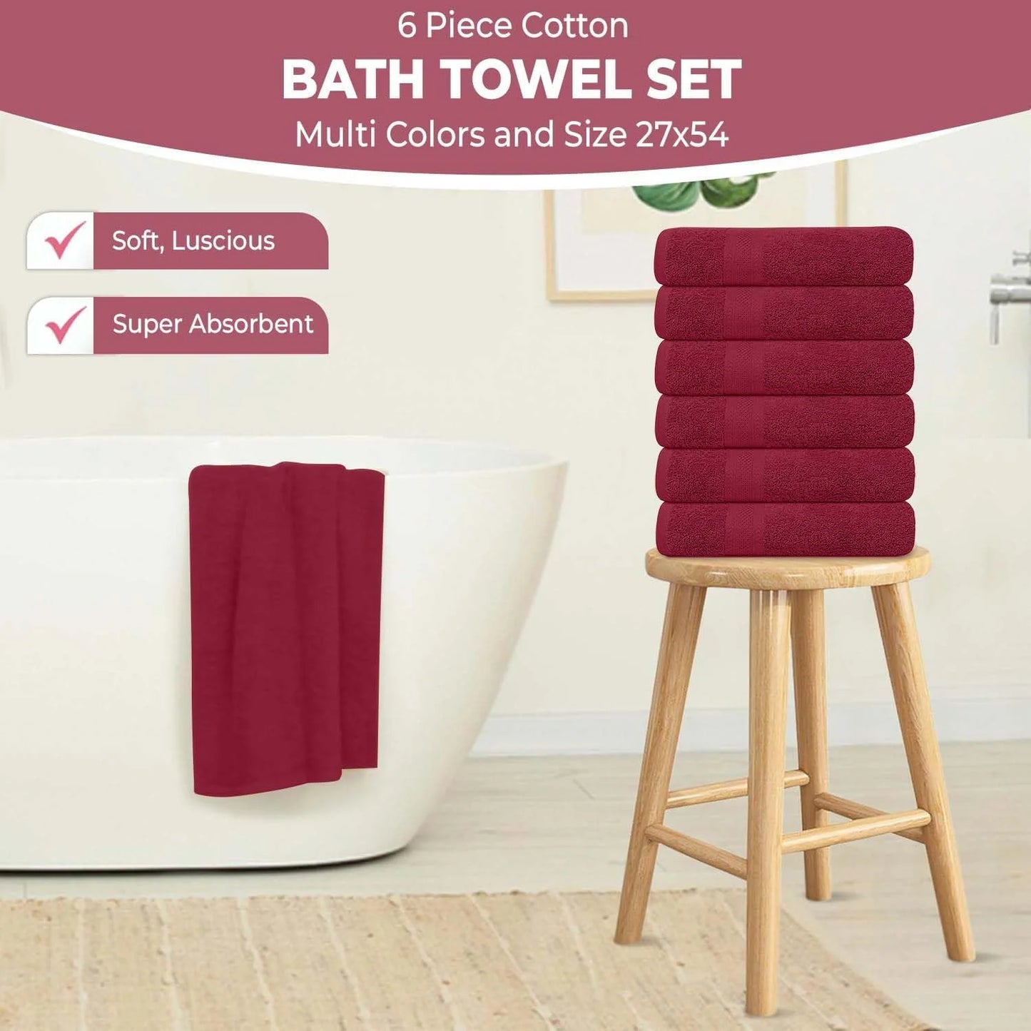 Pack of 6 Bath Towels 27 X 54 Inches, 100% Cotton, Larger & Lighter Weight, Quicker to Dry, Super Soft and Absorbent, Perfect for Bathroom (Burgundy, Pack of 6 (27''X54''))