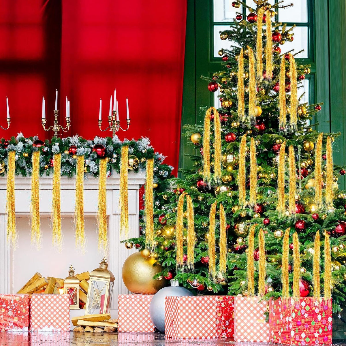 6000 Strands Christmas Tinsel Icicles, Gold Tinsel Foil Fringe Icicles