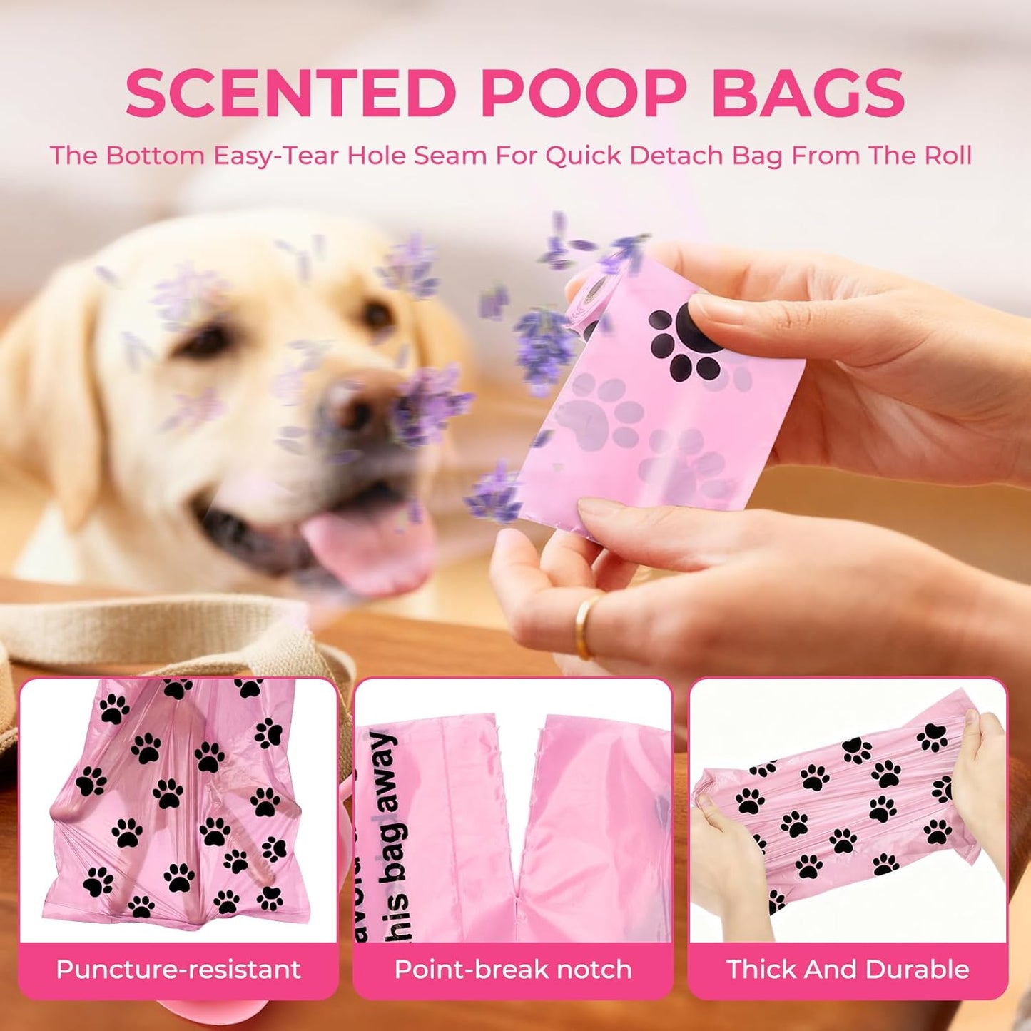 Dyforce 600 Count Dog Poop Bags Rolls with Dispenser Pink | Scented Leak Proof Pet Waste Poop Bags for Dogs 13X9", Extra Thick and Large Doggy Cat Litter Bags for Poops with Holder