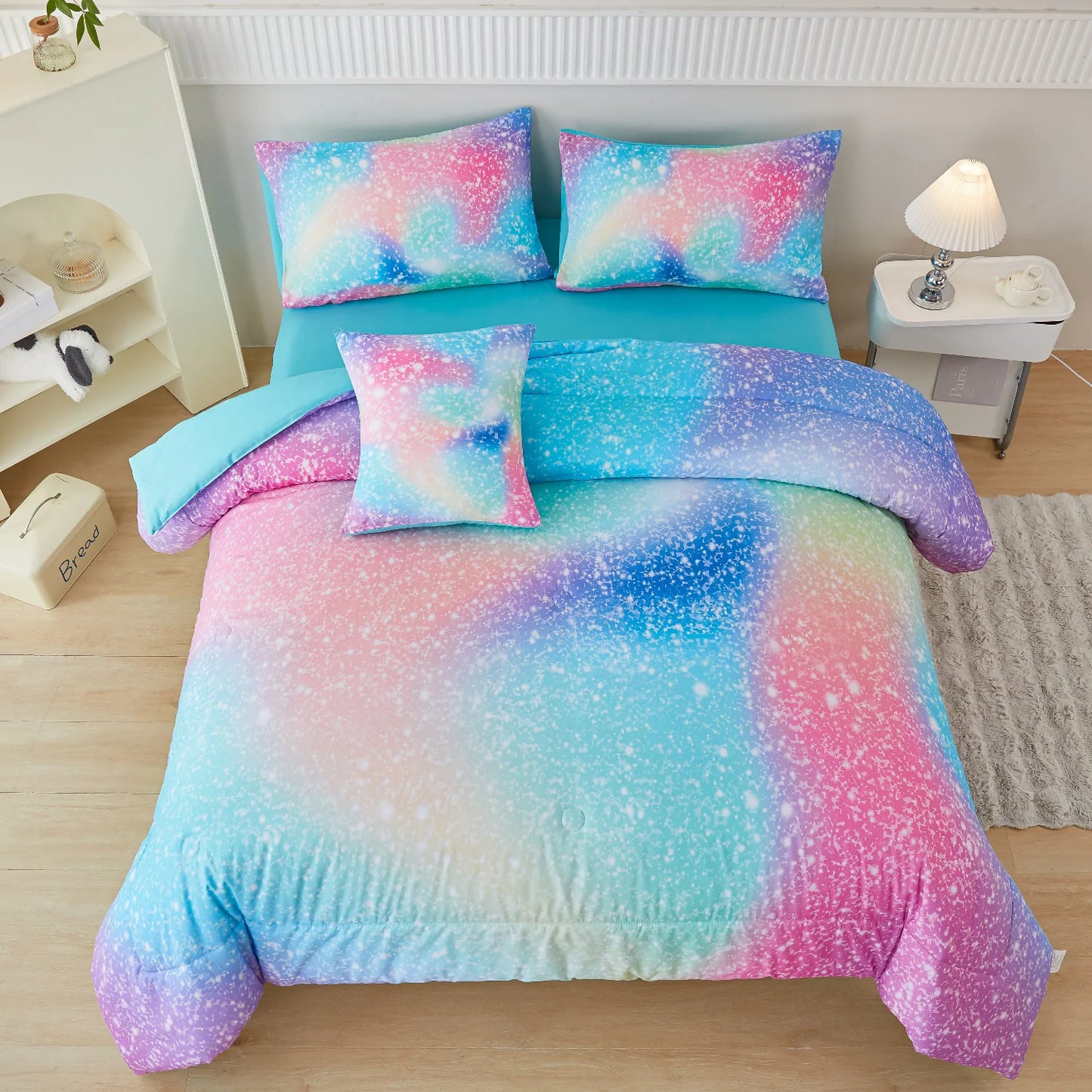 PERFEMET Kids Queen Comforter Set Girls,6-Piece Colorful Rainbow Bedding Set,All-Season Galaxy Star Bed Set with Sheets for Queen Beds