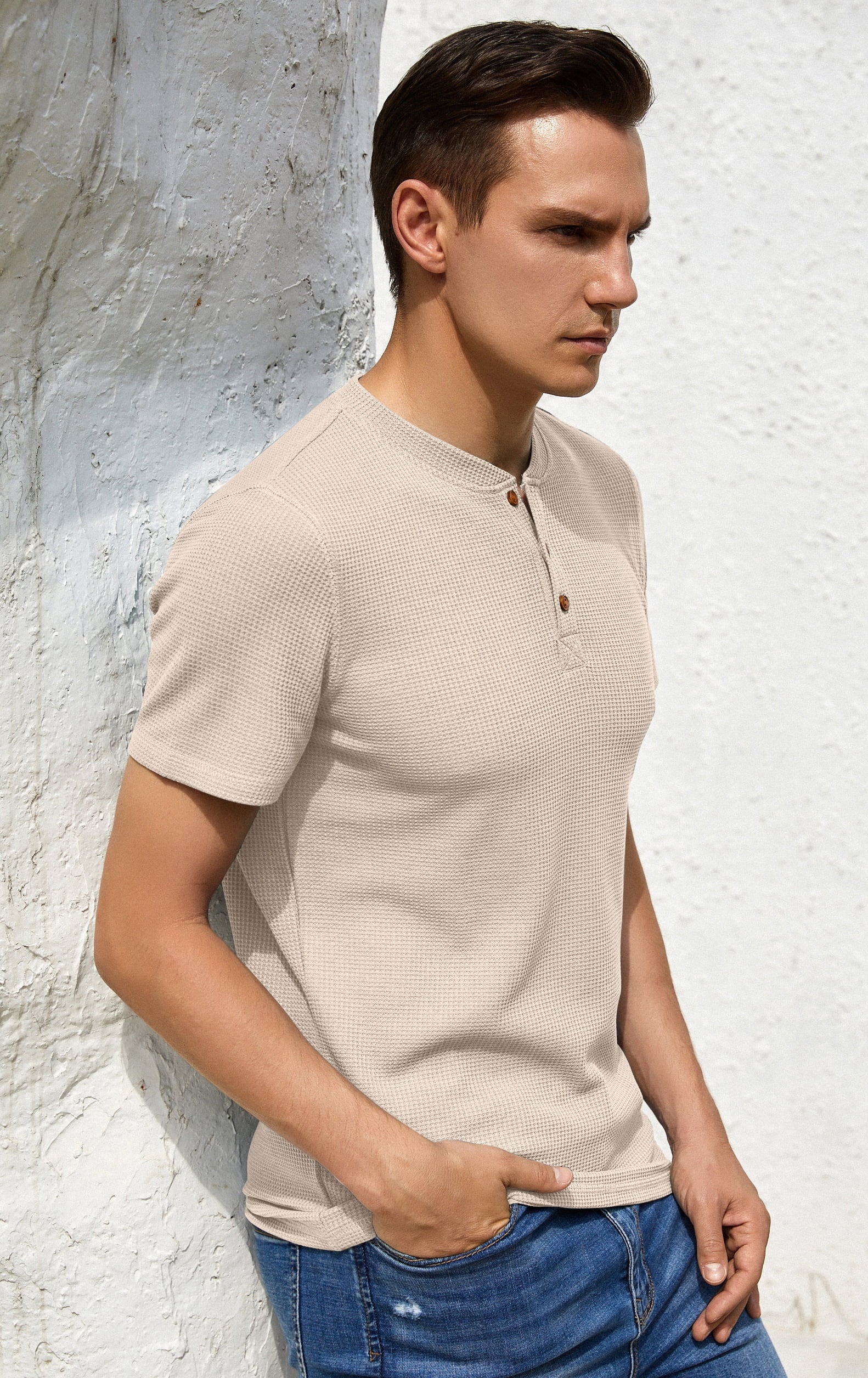 GIRUNS Men'S Short Sleeve Waffle Henley T-Shirt Summer Casual Tee for Men