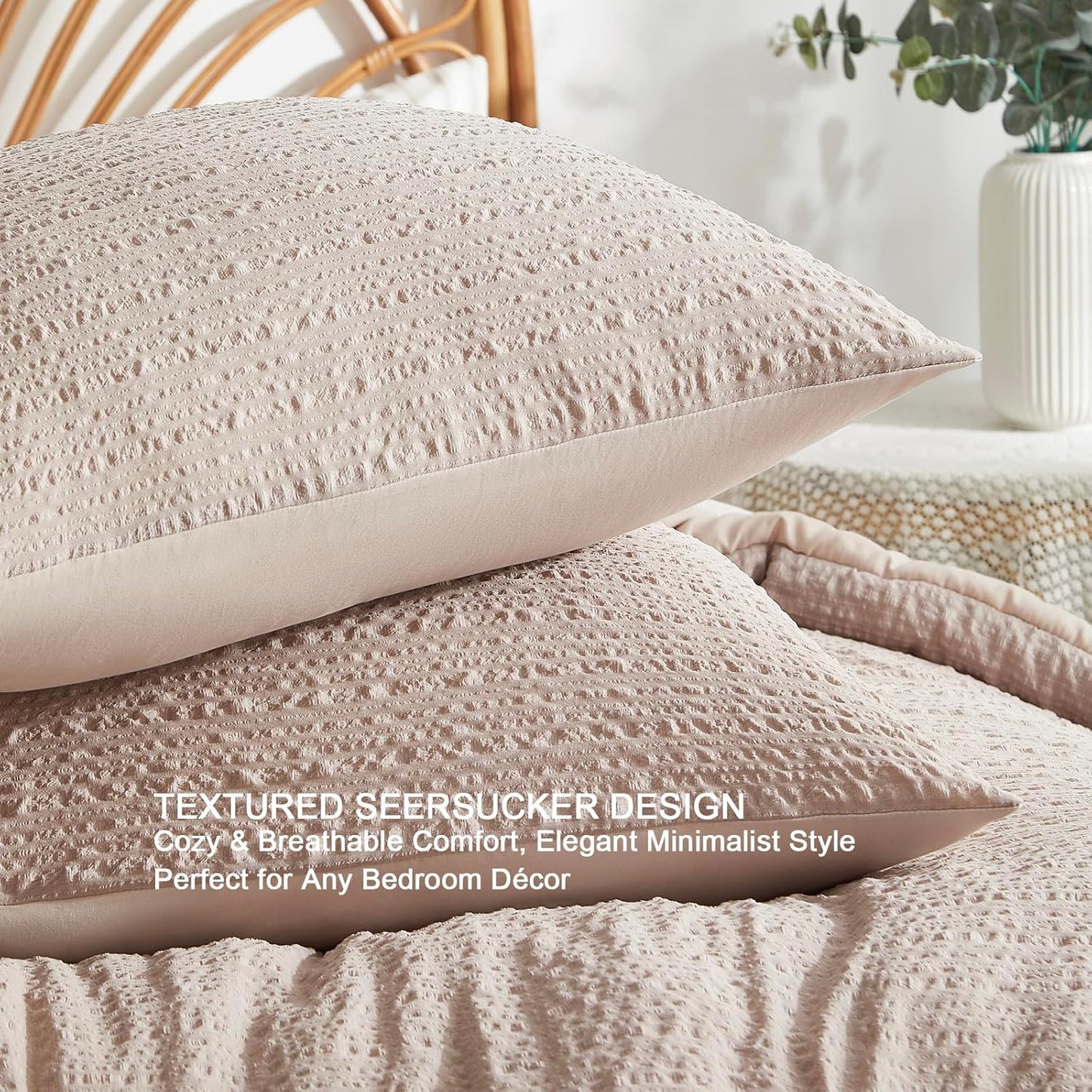 Brown Boho Seersucker Comforter Set King Size,Textured Lightweight Breathable Bedding 1 Comforter& 2 Shams