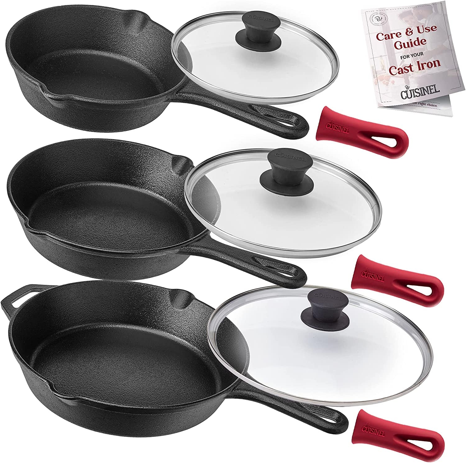 Cuisinel Cast Iron Skillet Set - 6"+8"+10"-Inch + Glass Lids + Silicone Handle Holder Covers - Pre-Seasoned Frying Pan - Oven Safe Cookware - Indoor/Outdoor, Grill, BBQ, Fire, Stovetop, Induction Safe