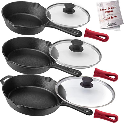 Cuisinel Cast Iron Skillet Set - 6"+8"+10"-Inch + Glass Lids + Silicone Handle Holder Covers - Pre-Seasoned Frying Pan - Oven Safe Cookware - Indoor/Outdoor, Grill, BBQ, Fire, Stovetop, Induction Safe