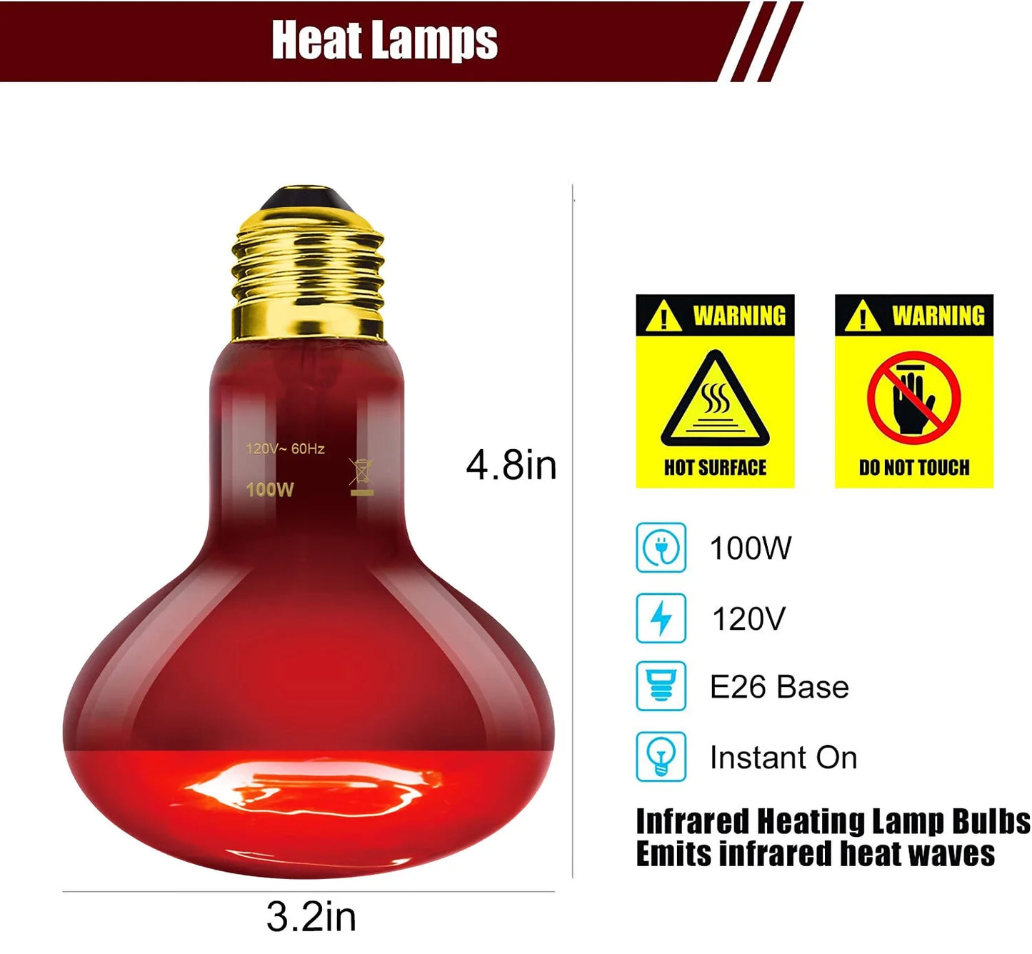 ECOSUB Reptile Heat Lamp 100W, 2Pcs E26 Basking Spot Light, Infrared Heat Lamp, Red